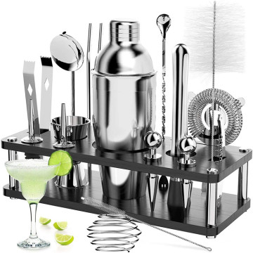 Amazon hot selling 18 Pcs Bartender Kit Cocktail Shaker Set with Stand,bar tools set with various bar tools and Recipes Booklet